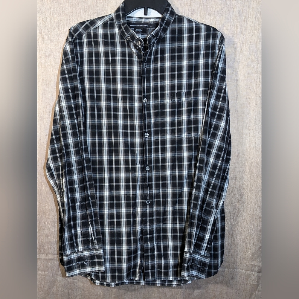☘️French Connection Men's Black Plaid Long Sleeve Button Up Size L 100% Cotton